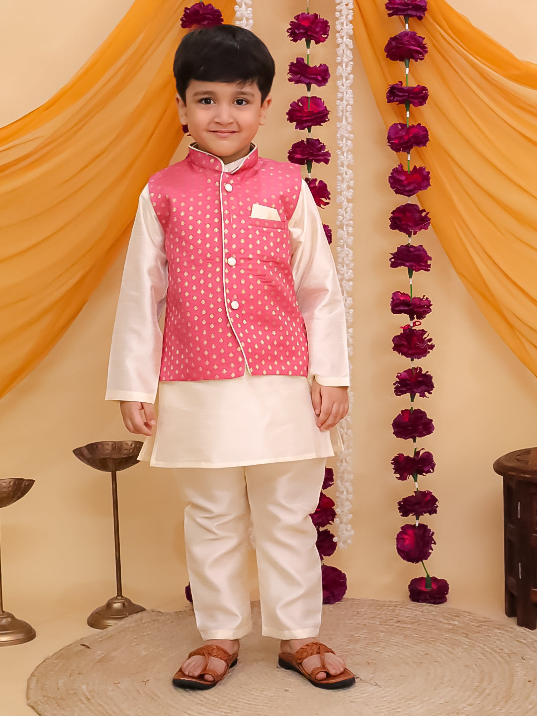 Pink Brocade Full sleeves Small Motif Kurta Pyjama Waistcoat for Boys