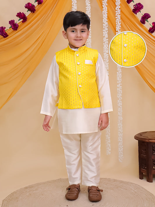 Yellow Brocade Full sleeves Small Motif Kurta Pyjama Waistcoat for Boys