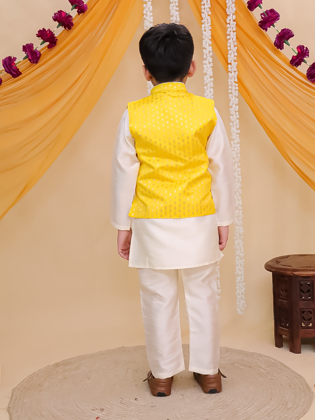 Yellow Brocade Full sleeves Small Motif Kurta Pyjama Waistcoat for Boys