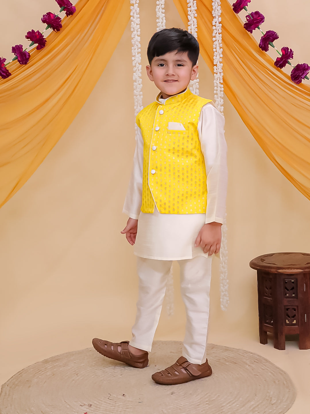 Yellow Brocade Full sleeves Small Motif Kurta Pyjama Waistcoat for Boys