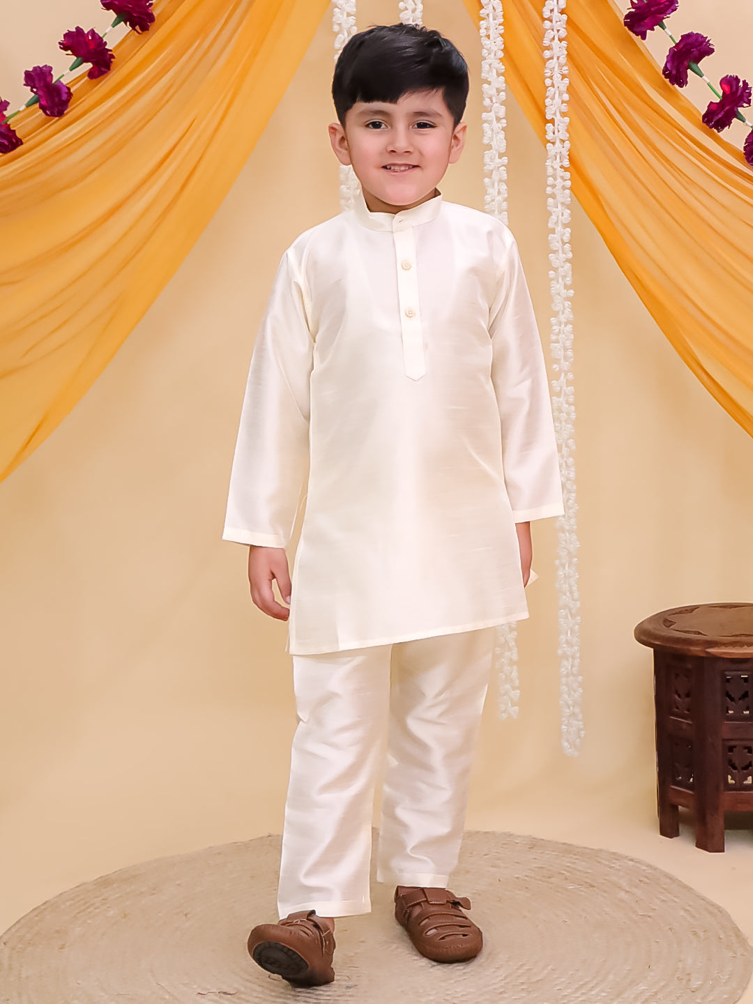Yellow Brocade Full sleeves Small Motif Kurta Pyjama Waistcoat for Boys
