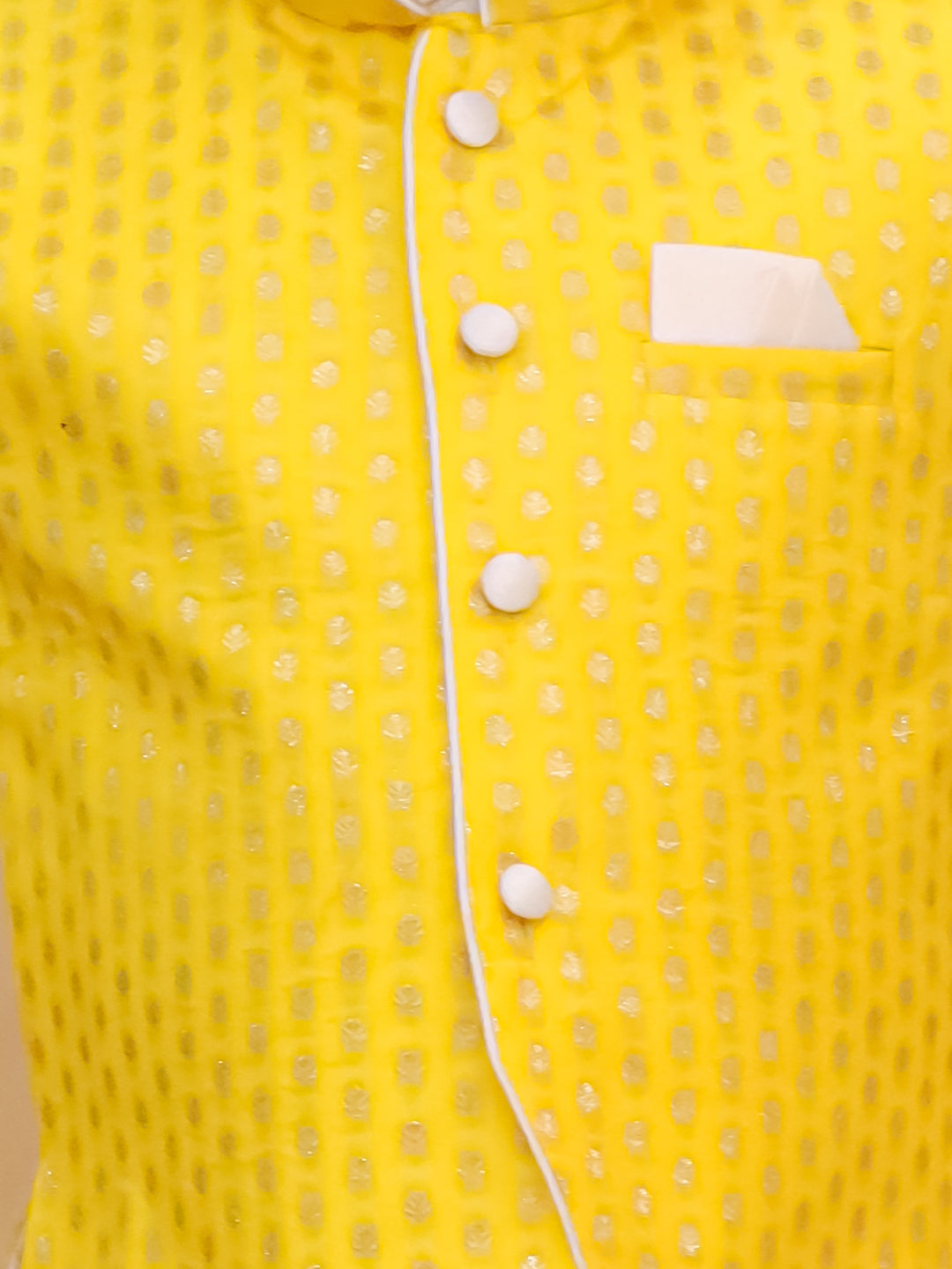 Yellow Brocade Full sleeves Small Motif Kurta Pyjama Waistcoat for Boys