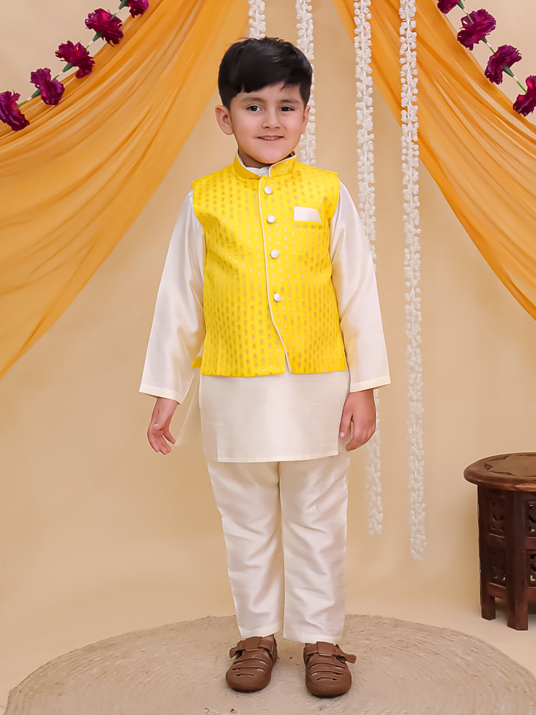 Yellow Brocade Full sleeves Small Motif Kurta Pyjama Waistcoat for Boys