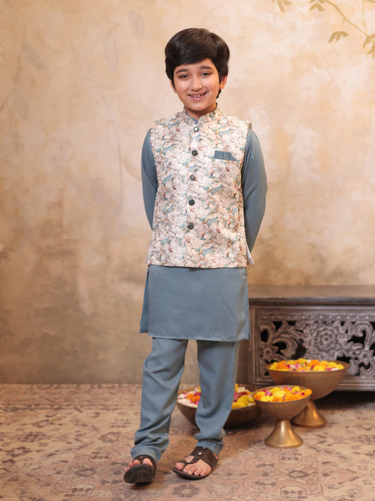 AJ Dezines Grey Cotton Blend Full sleeves Floral Printed Kurta Pyjama Waistcoat for Boys