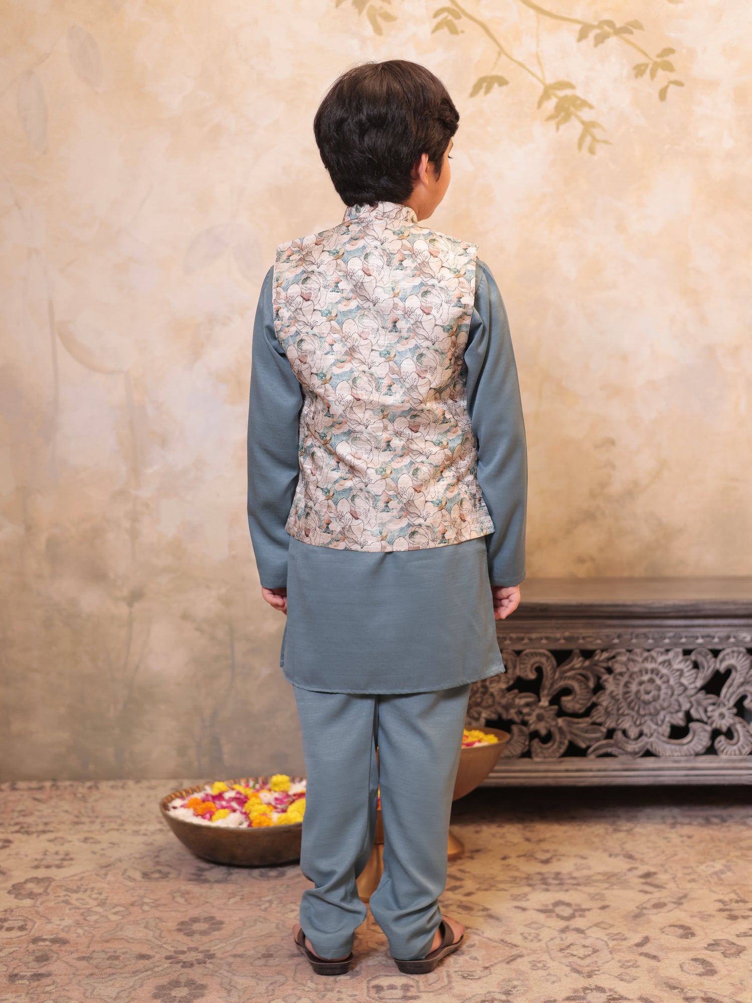 Boys Grey Cotton Blend Kurta Pyjama with Full Sleeves & Floral Print Waistcoat
