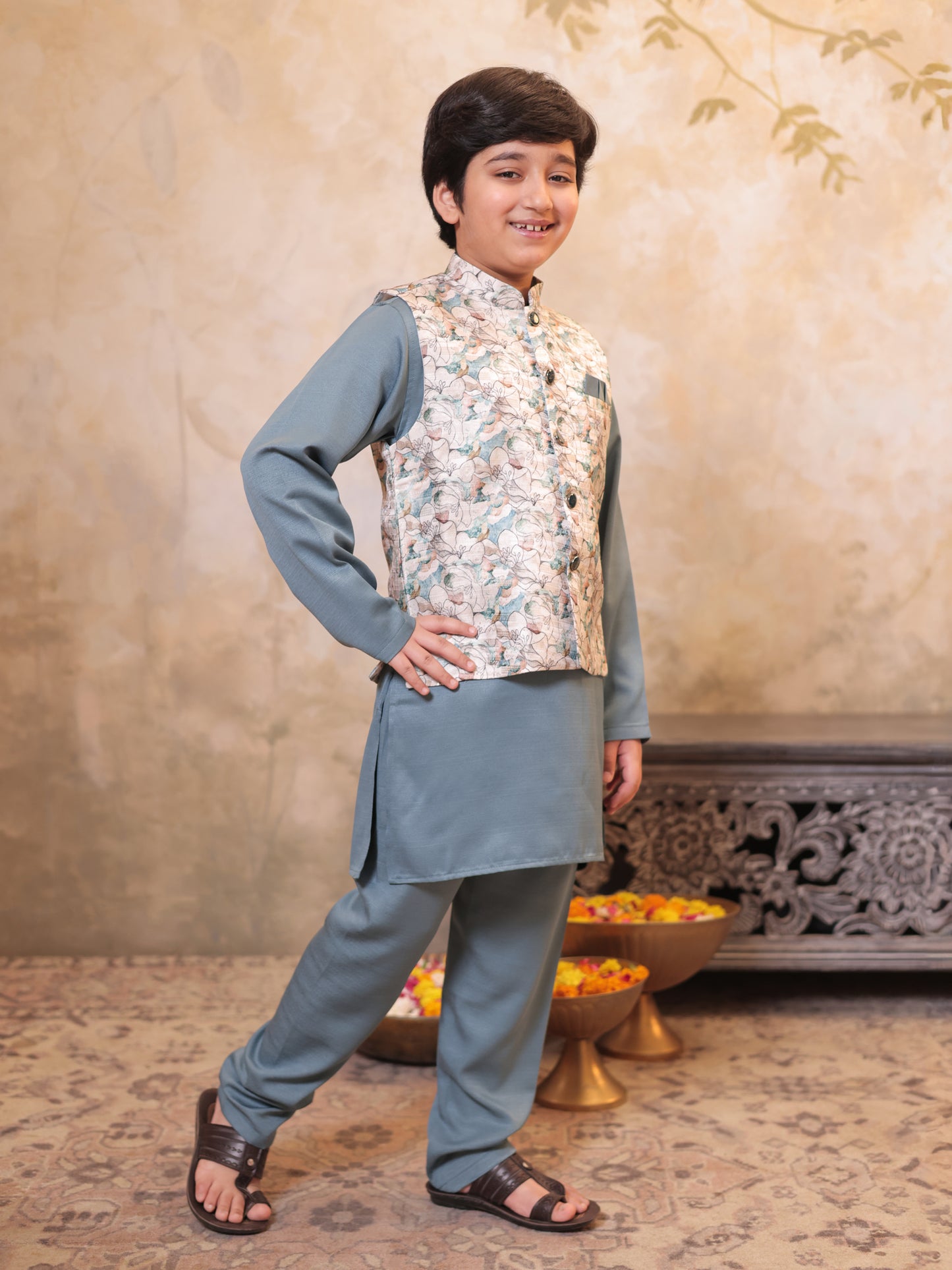 Boys Grey Cotton Blend Kurta Pyjama with Full Sleeves & Floral Print Waistcoat