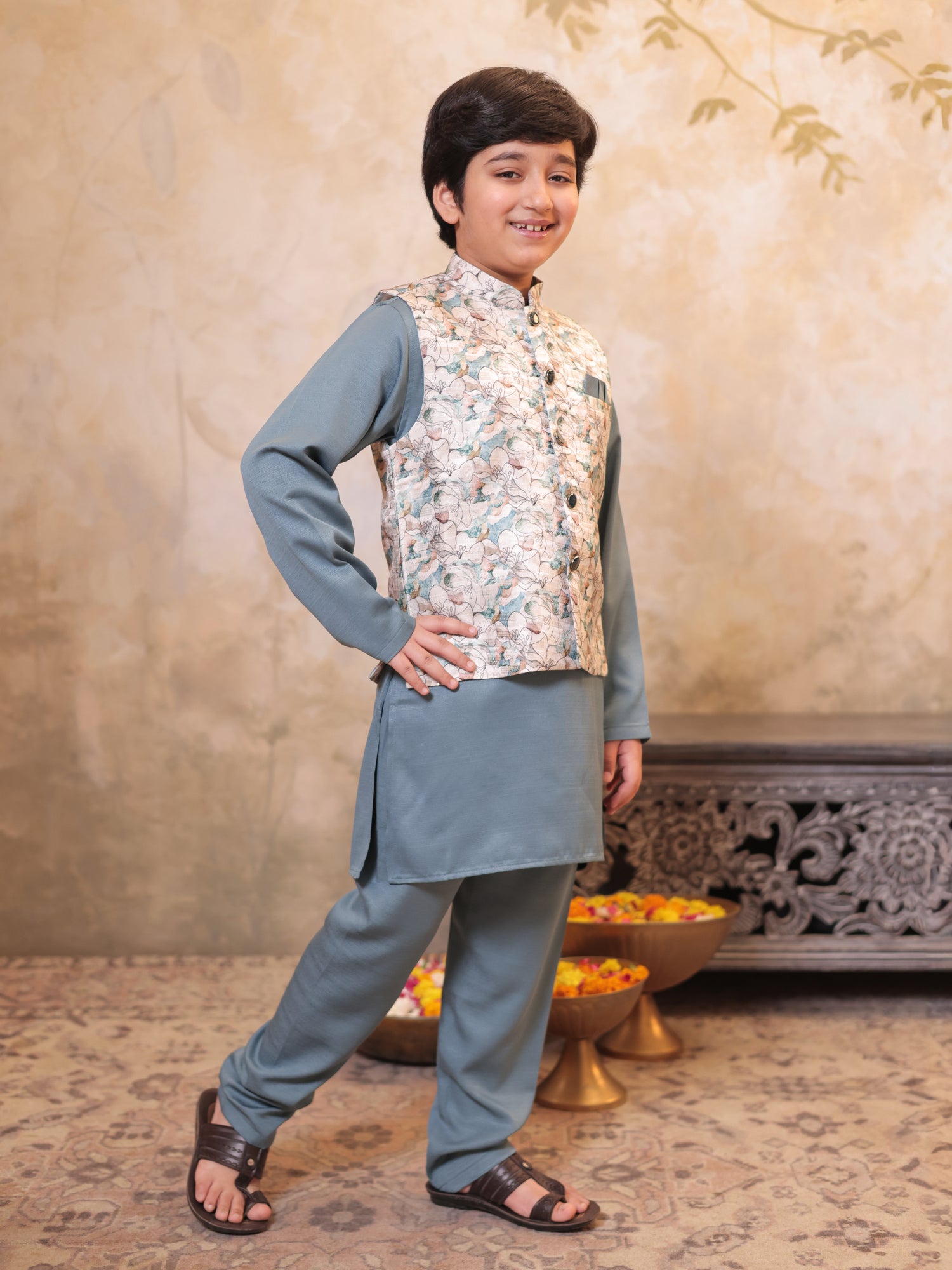 Boys Grey Cotton Blend Kurta Pyjama with Full Sleeves & Floral Print Waistcoat