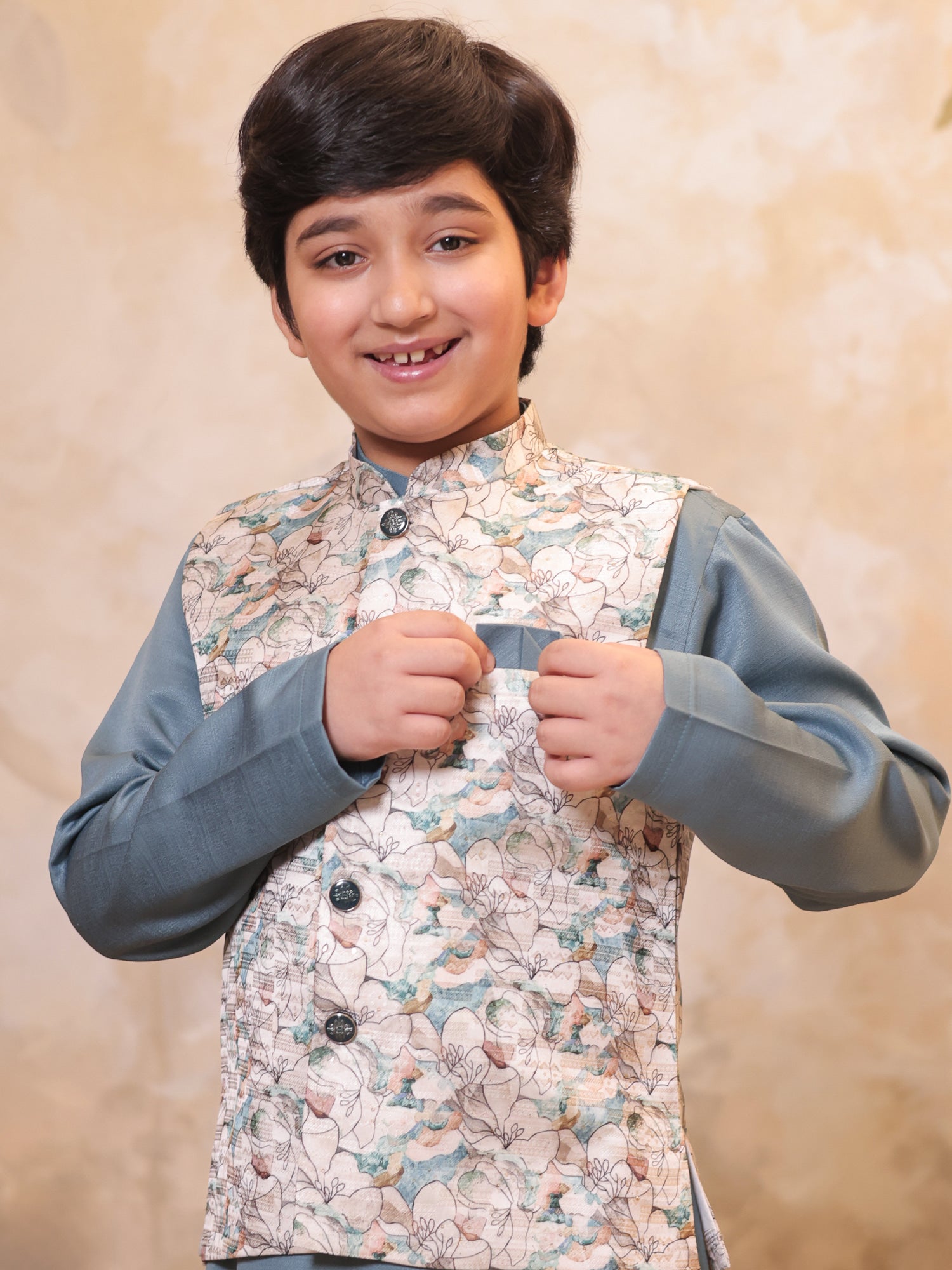 Boys Grey Cotton Blend Kurta Pyjama with Full Sleeves & Floral Print Waistcoat