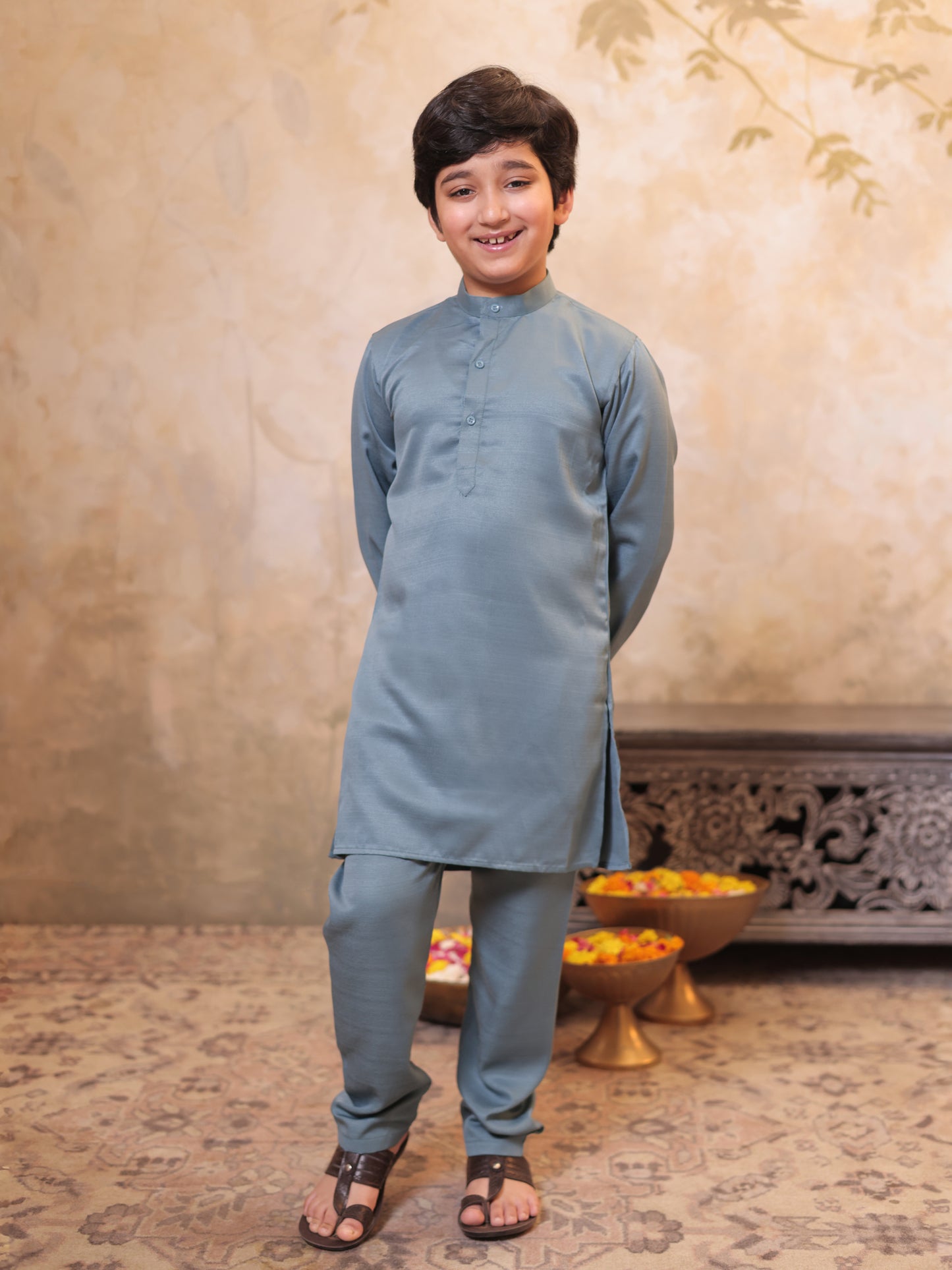 Boys Grey Cotton Blend Kurta Pyjama with Full Sleeves & Floral Print Waistcoat
