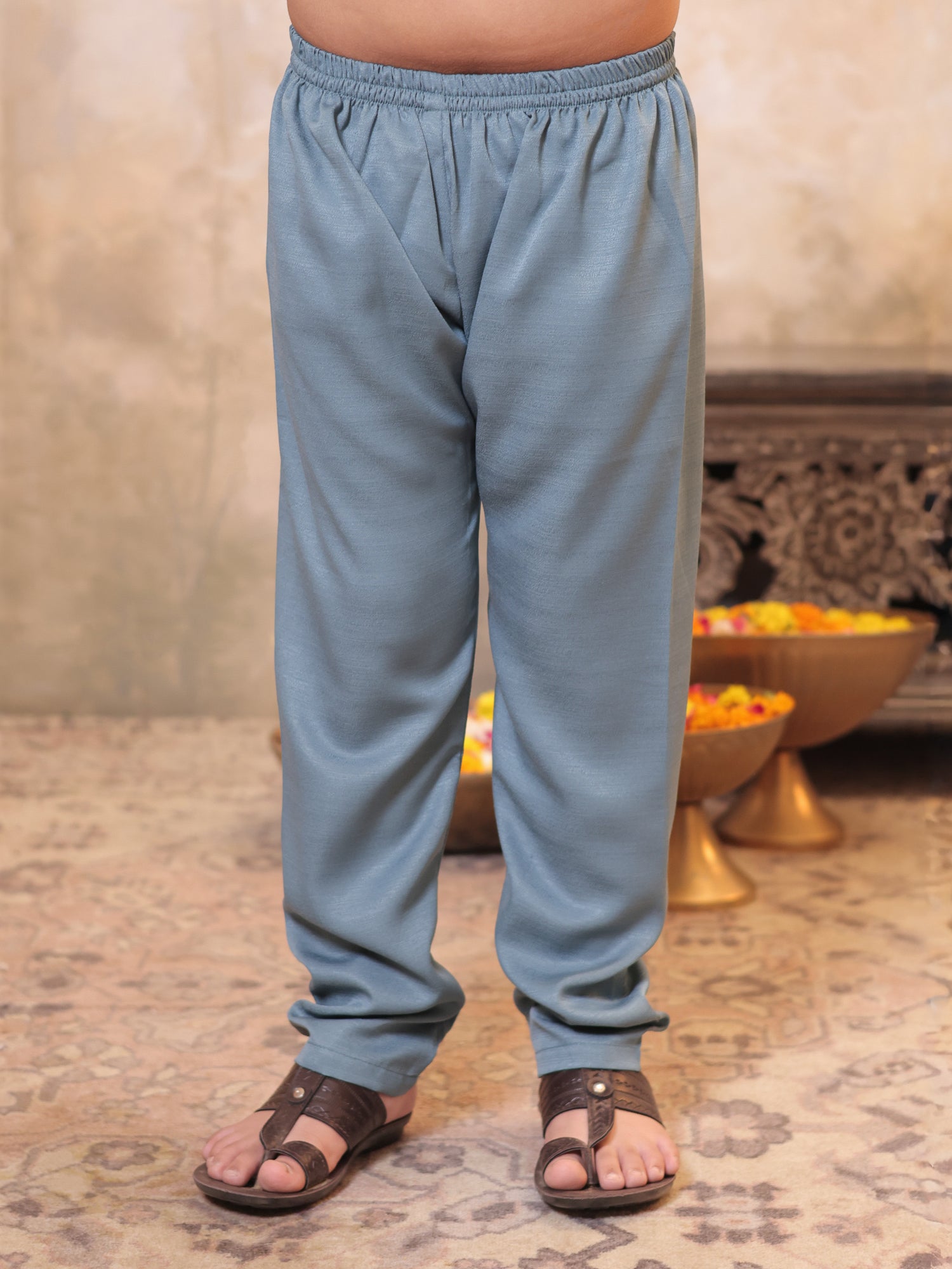 Boys Grey Cotton Blend Kurta Pyjama with Full Sleeves & Floral Print Waistcoat