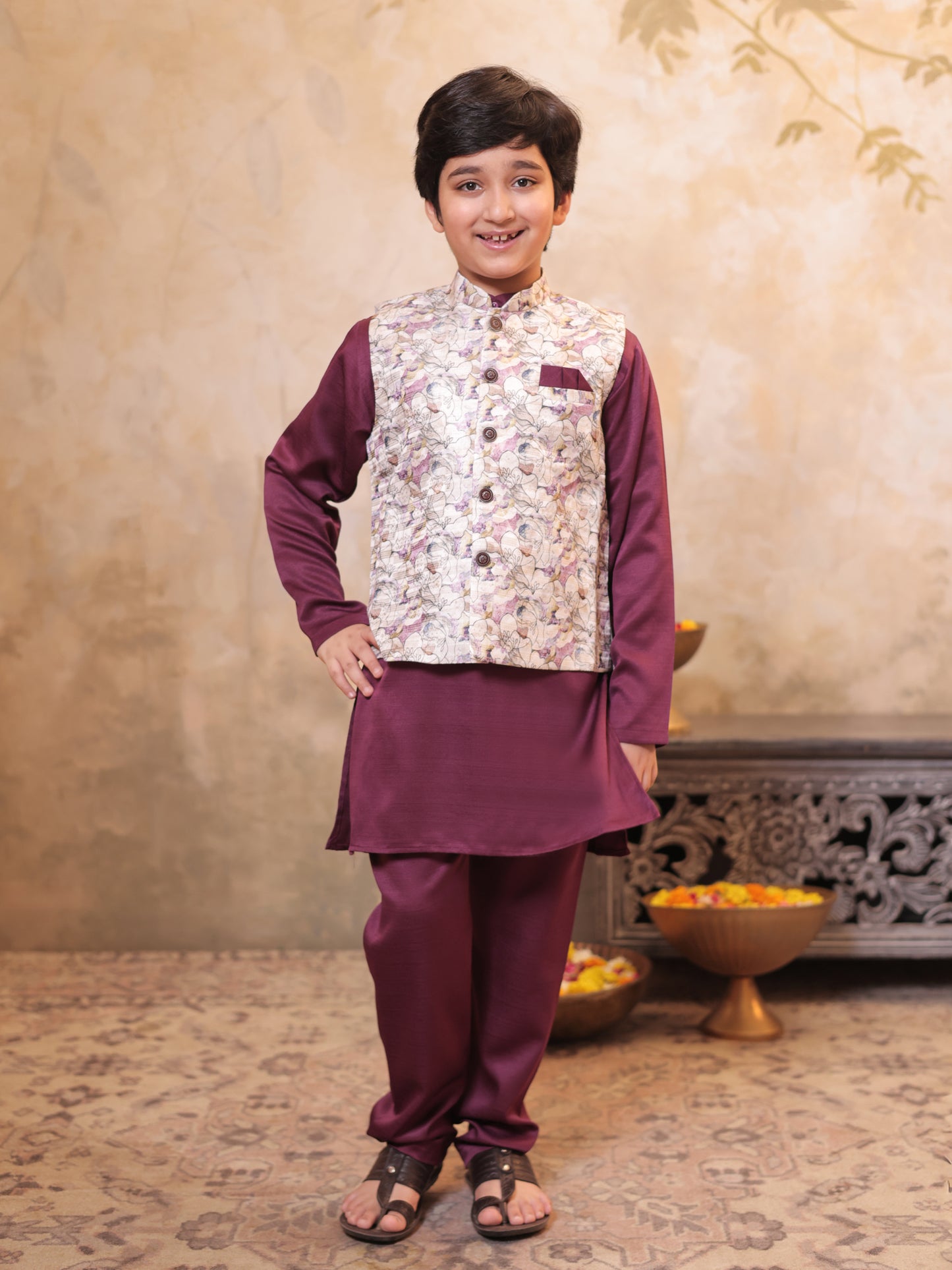 Boys Wine Cotton Blend Kurta Pyjama with Full Sleeves & Floral Print Waistcoat
