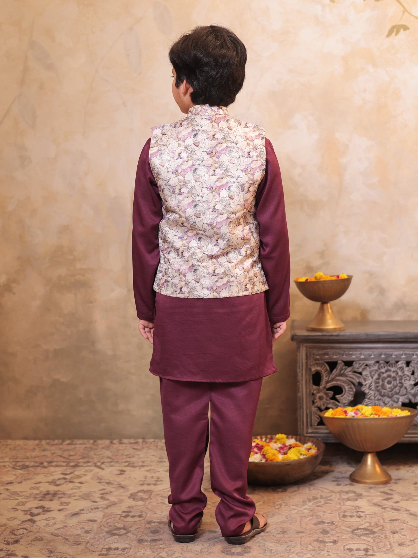 Boys Wine Cotton Blend Kurta Pyjama with Full Sleeves & Floral Print Waistcoat
