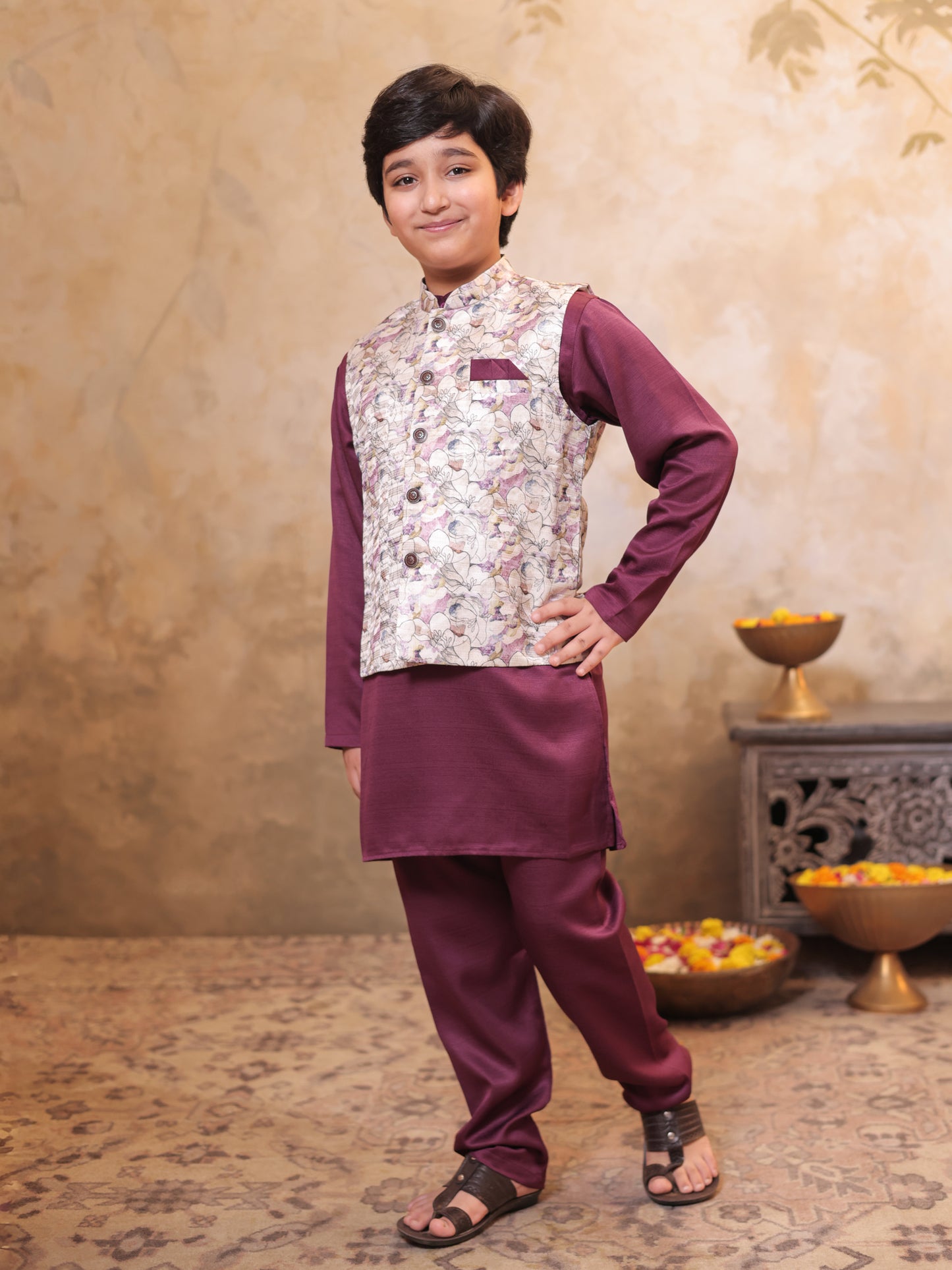 Boys Wine Cotton Blend Kurta Pyjama with Full Sleeves & Floral Print Waistcoat