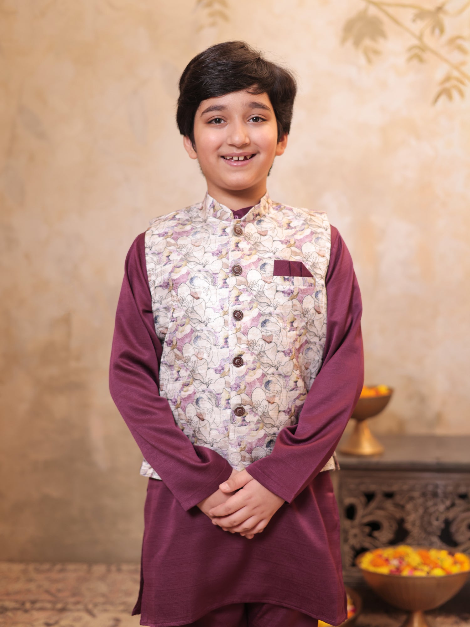 Boys Wine Cotton Blend Kurta Pyjama with Full Sleeves & Floral Print Waistcoat