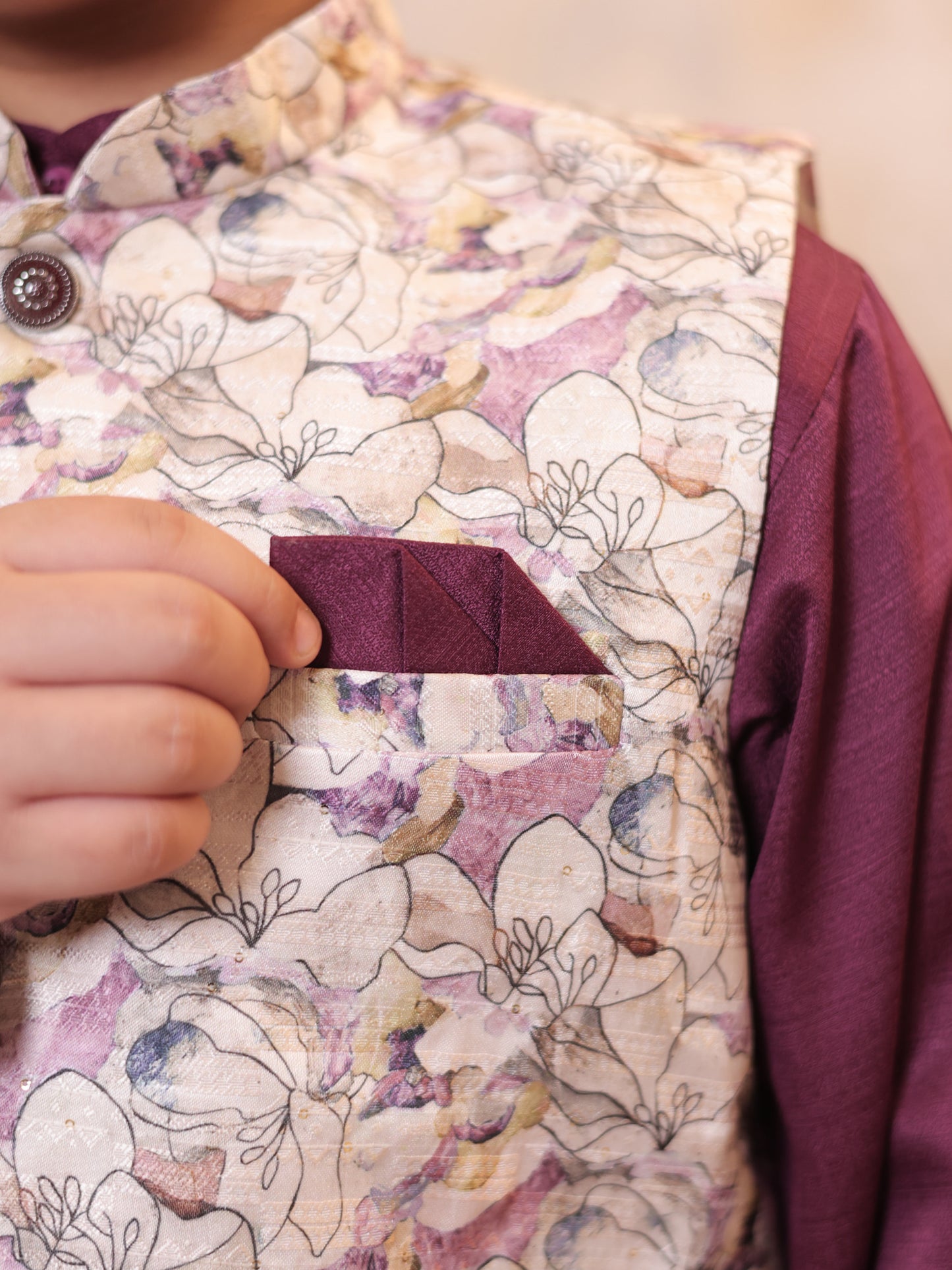 Boys Wine Cotton Blend Kurta Pyjama with Full Sleeves & Floral Print Waistcoat