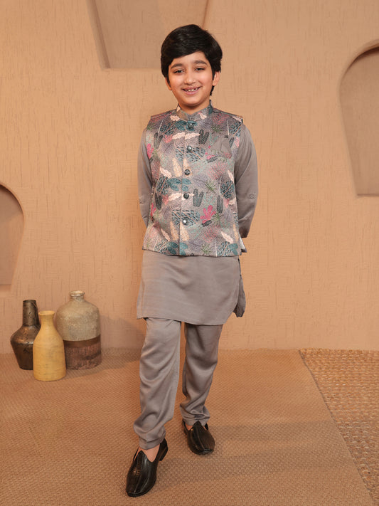AJ Dezines Grey Cotton Blend Full sleeves Floral Printed Kurta Pyjama Waistcoat for Boys