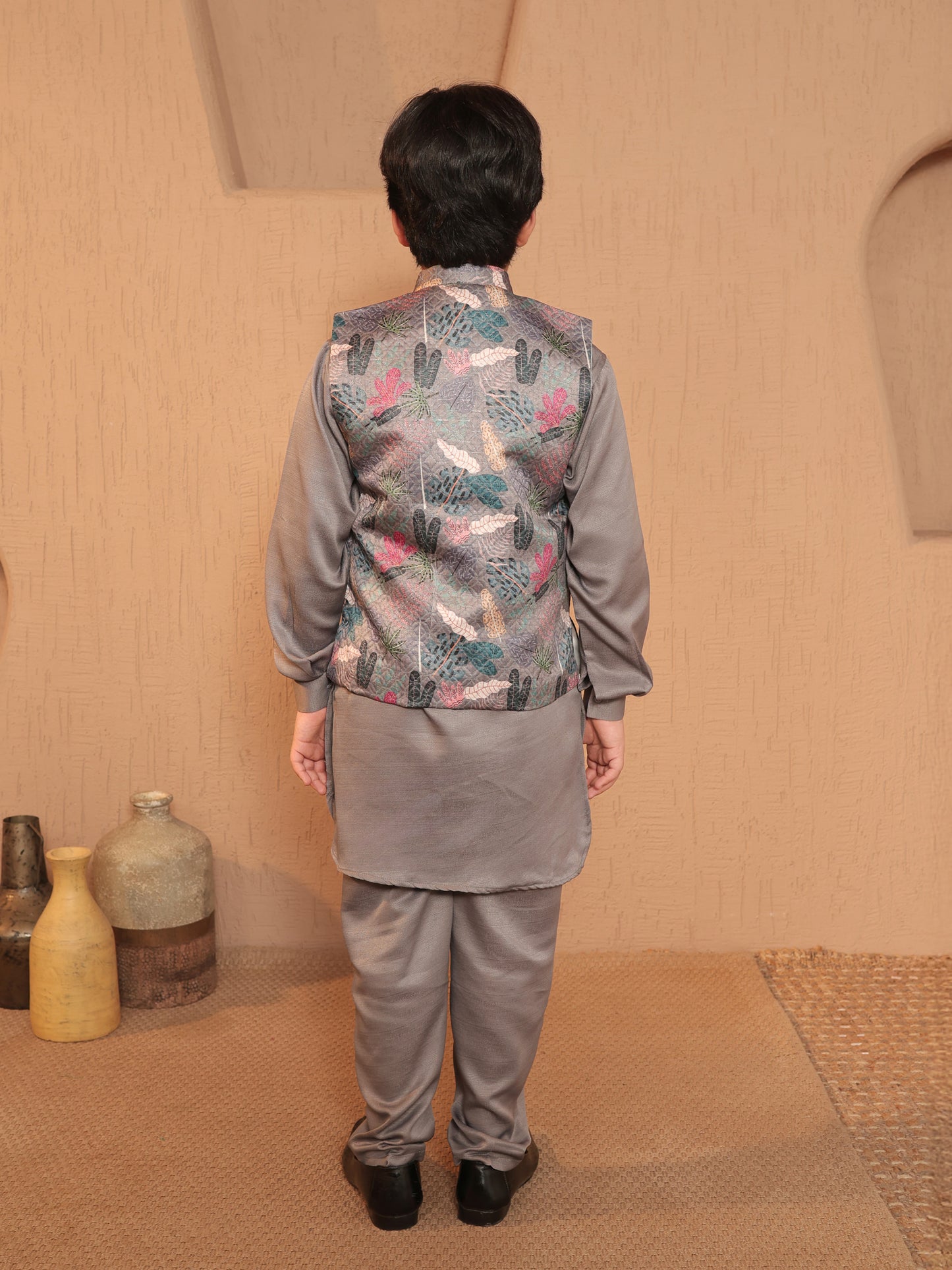 Boys Grey Cotton Blend Kurta Pyjama with Full Sleeves & Floral Print Waistcoat