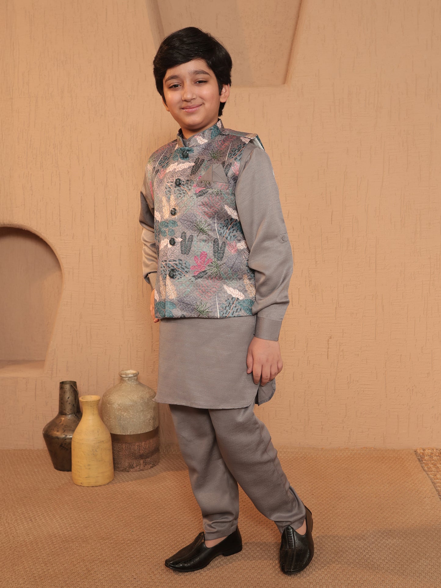 Boys Grey Cotton Blend Kurta Pyjama with Full Sleeves & Floral Print Waistcoat