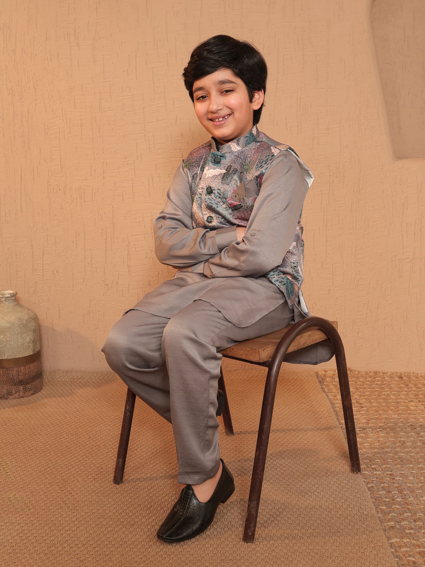 Boys Grey Cotton Blend Kurta Pyjama with Full Sleeves & Floral Print Waistcoat