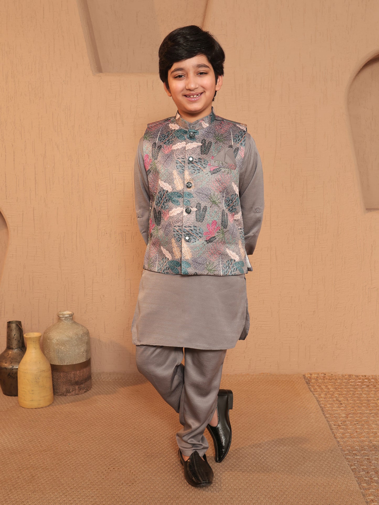 Boys Grey Cotton Blend Kurta Pyjama with Full Sleeves & Floral Print Waistcoat