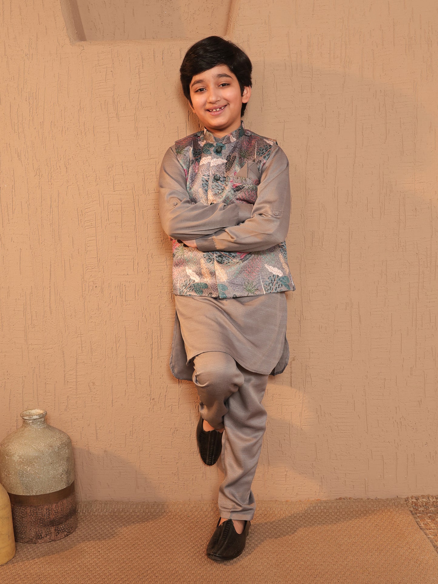 Boys Grey Cotton Blend Kurta Pyjama with Full Sleeves & Floral Print Waistcoat