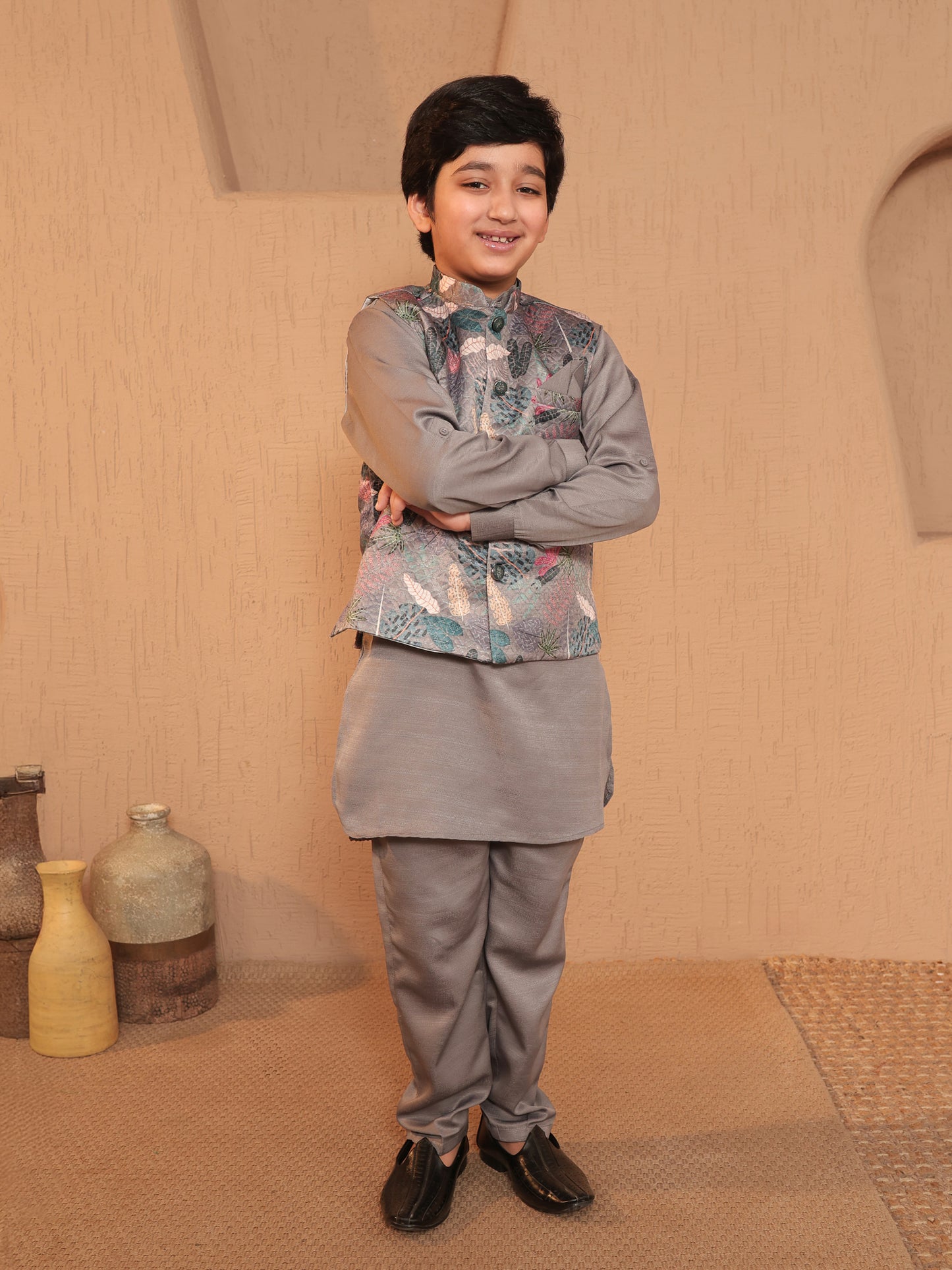 Boys Grey Cotton Blend Kurta Pyjama with Full Sleeves & Floral Print Waistcoat