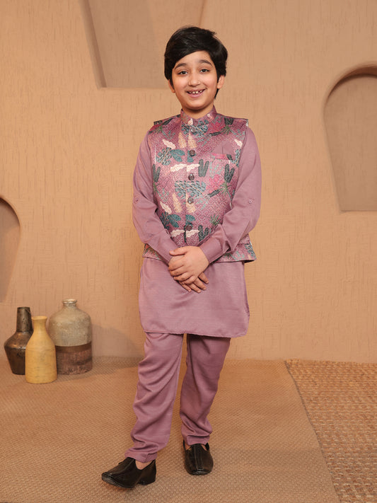 AJ Dezines Pink Cotton Blend Full sleeves Floral Printed Kurta Pyjama Waistcoat for Boys