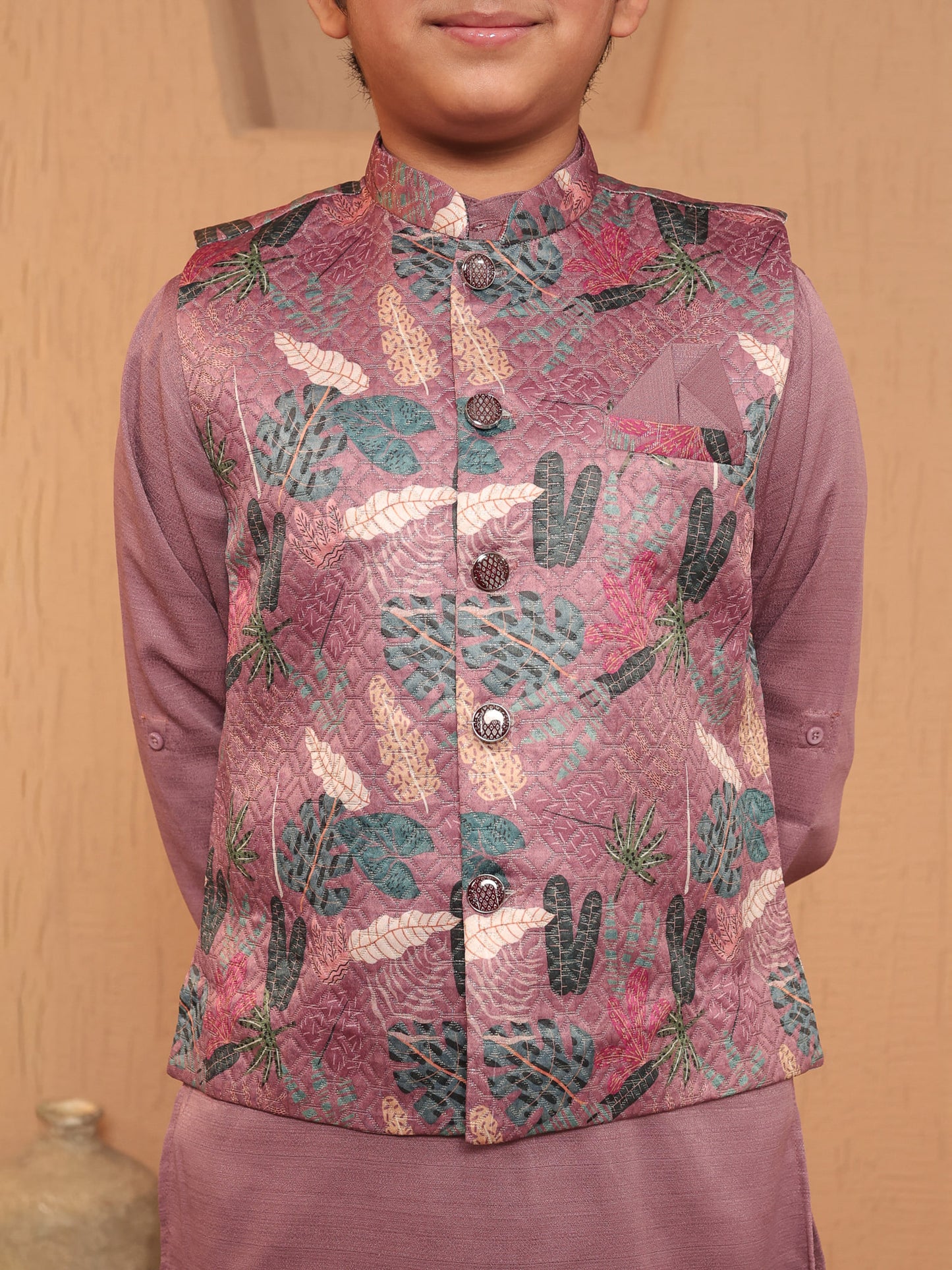 Boys Pink Cotton Blend Kurta Pyjama with Full Sleeves & Floral Print Waistcoat