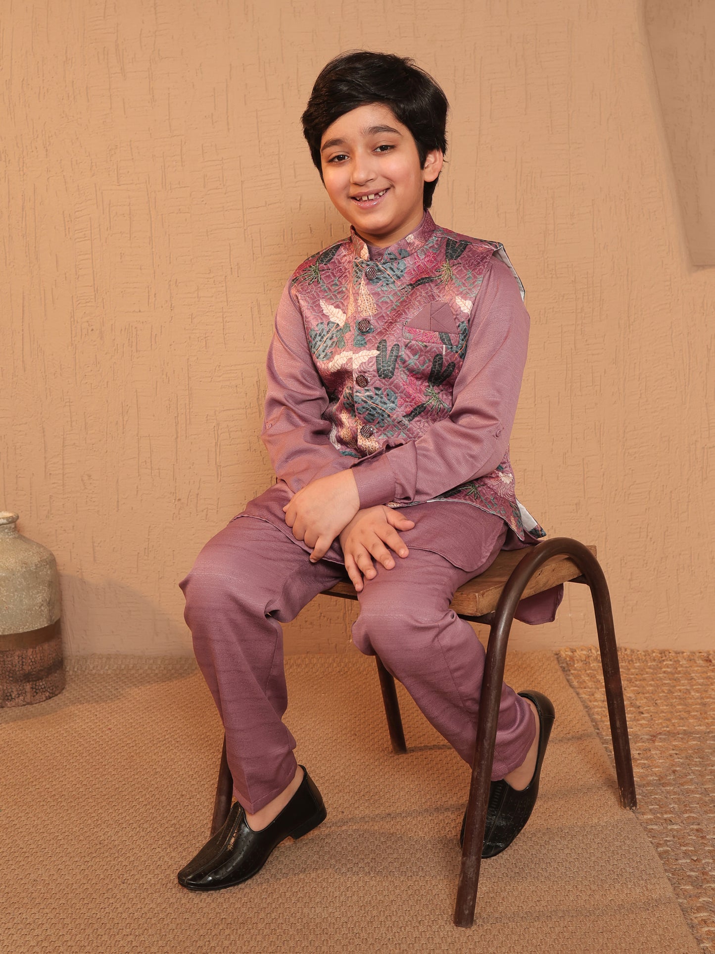 Boys Pink Cotton Blend Kurta Pyjama with Full Sleeves & Floral Print Waistcoat