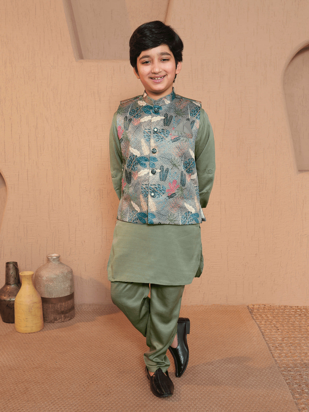 Pista Cotton Blend Full Sleeves Floral Printed Kurta Pyjama with Waistcoat for Boys