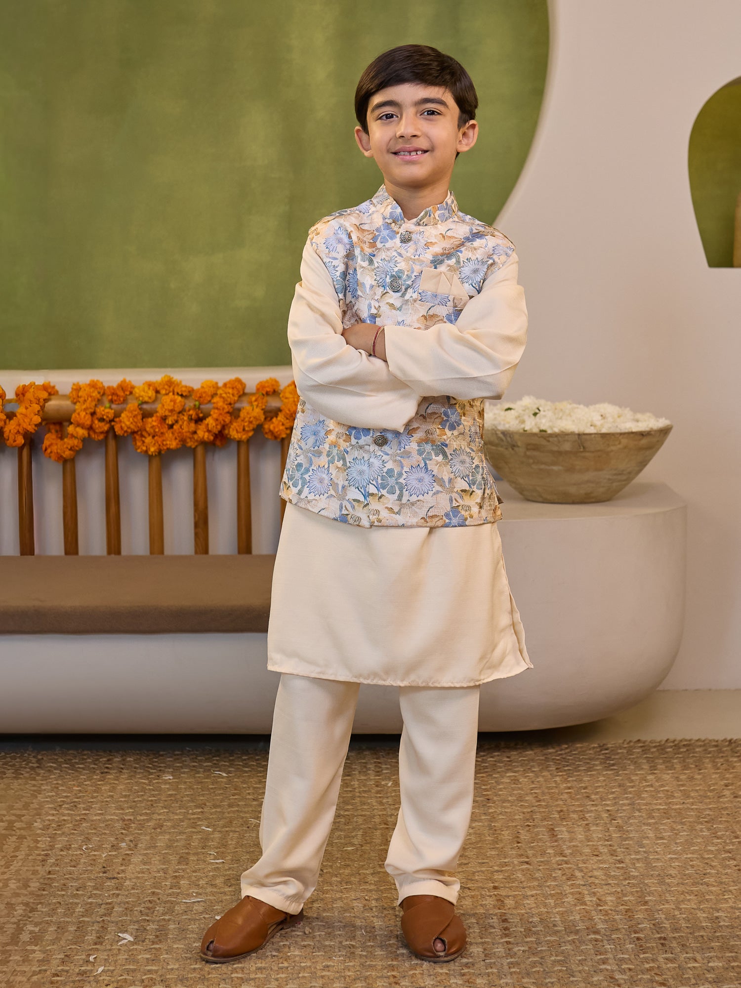Boys Cream Cotton Blend Kurta Pyjama with Full Sleeves & Floral Print Waistcoat