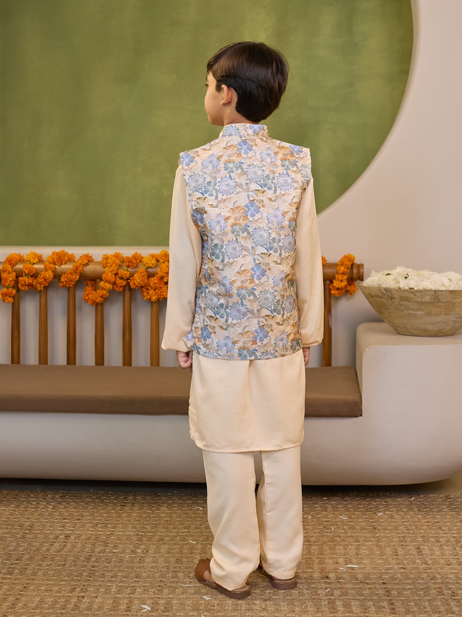 Boys Cream Cotton Blend Kurta Pyjama with Full Sleeves & Floral Print Waistcoat