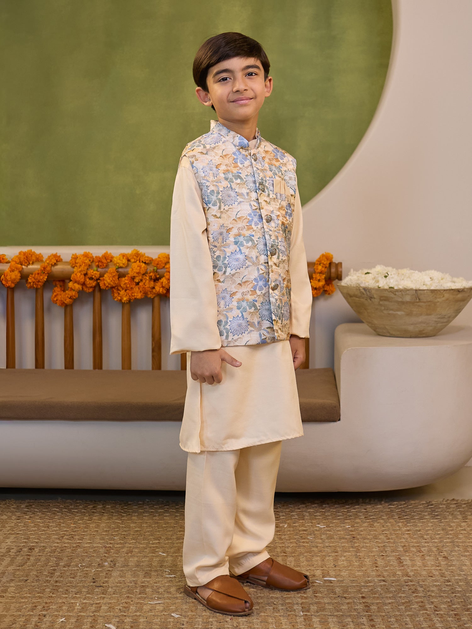 Boys Cream Cotton Blend Kurta Pyjama with Full Sleeves & Floral Print Waistcoat