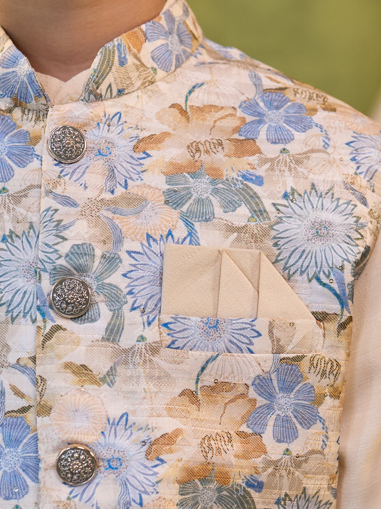 AJ Dezines Cream Cotton Blend Full sleeves Floral Printed Kurta Pyjama Waistcoat for Boys