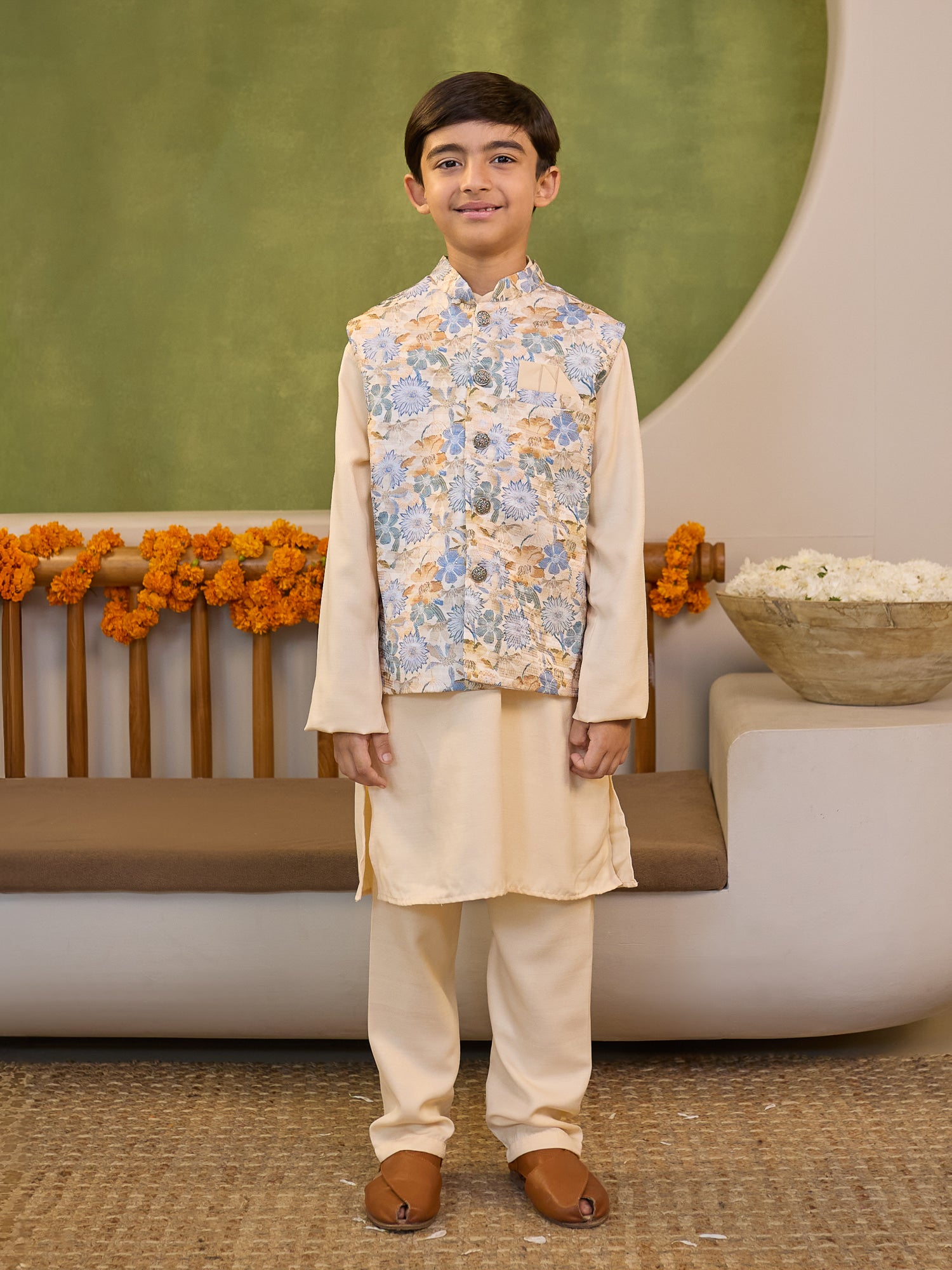 Boys Cream Cotton Blend Kurta Pyjama with Full Sleeves & Floral Print Waistcoat