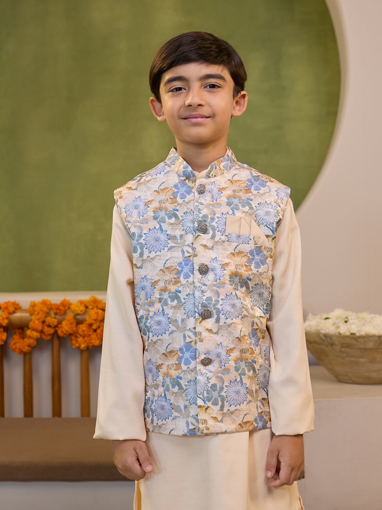 AJ Dezines Cream Cotton Blend Full sleeves Floral Printed Kurta Pyjama Waistcoat for Boys