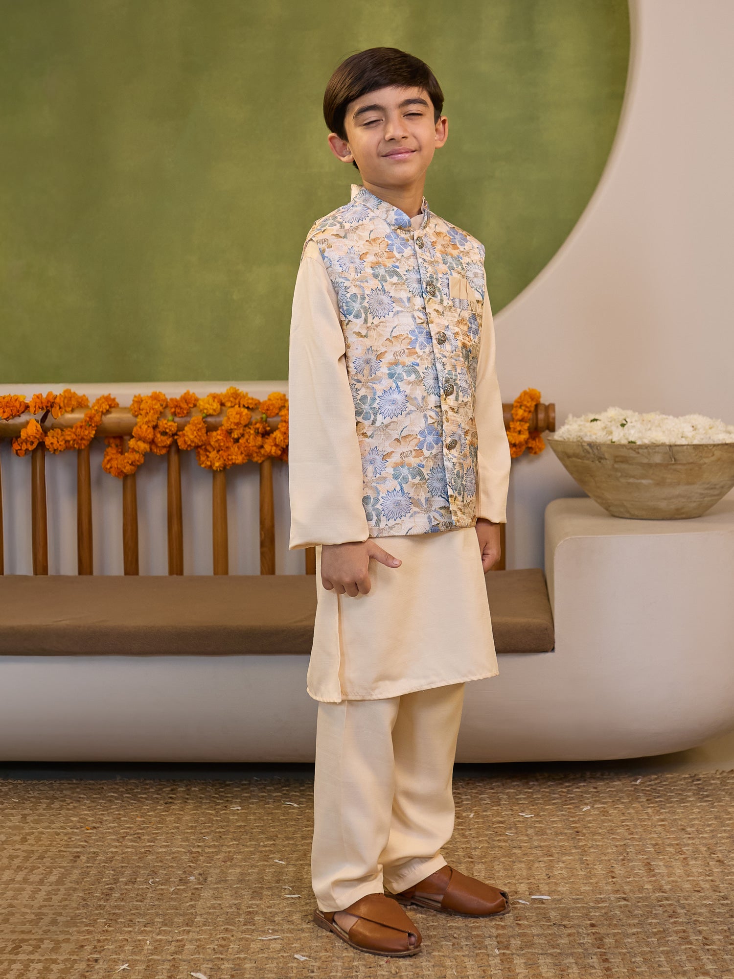 Boys Cream Cotton Blend Kurta Pyjama with Full Sleeves & Floral Print Waistcoat