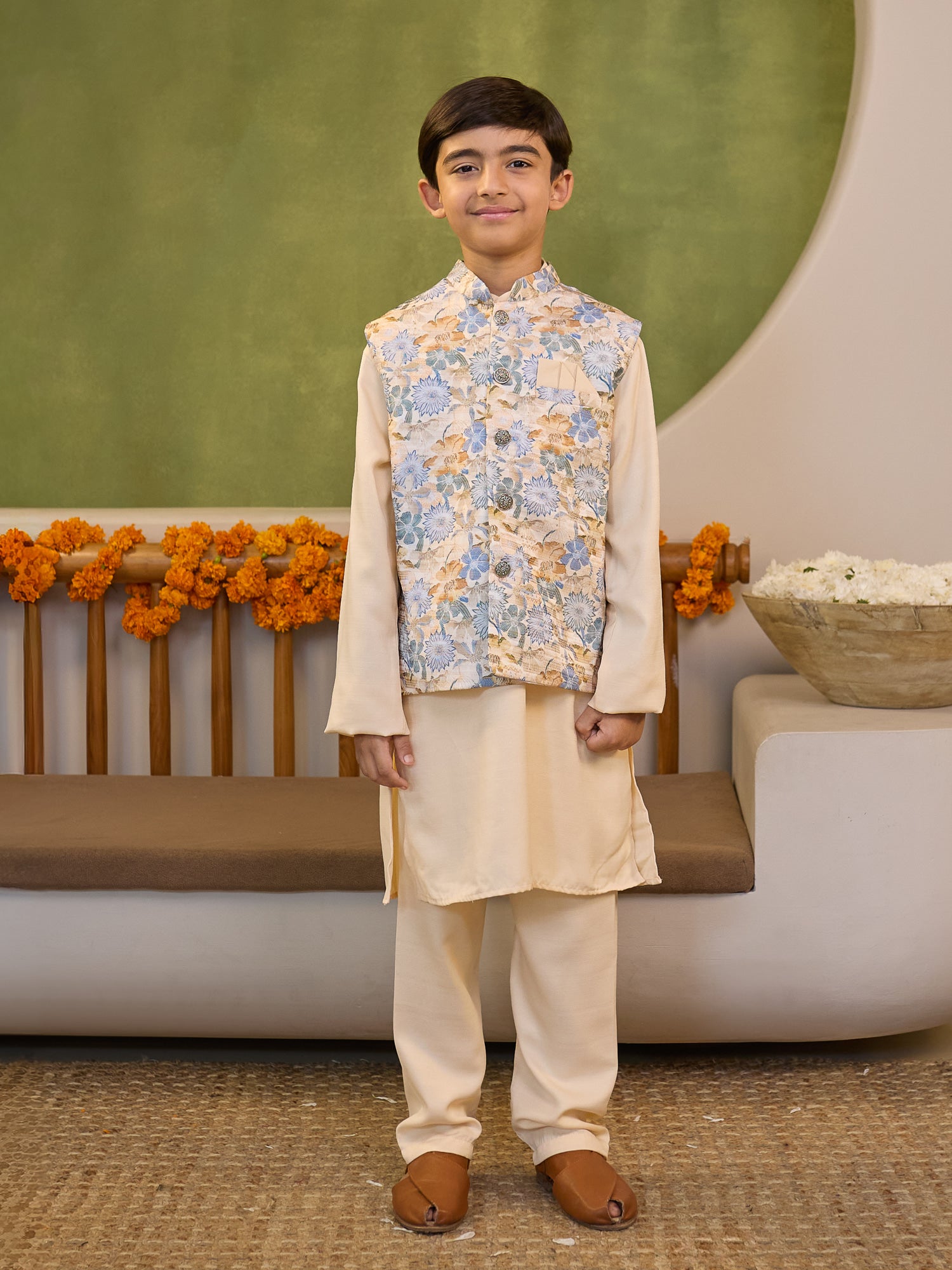 Boys Cream Cotton Blend Kurta Pyjama with Full Sleeves & Floral Print Waistcoat