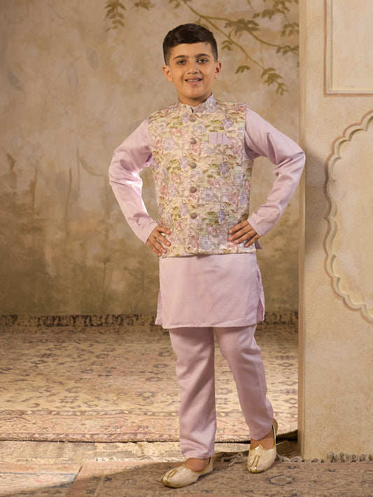 AJ Dezines Purple Cotton Blend Full sleeves Floral Printed Kurta Pyjama Waistcoat for Boys