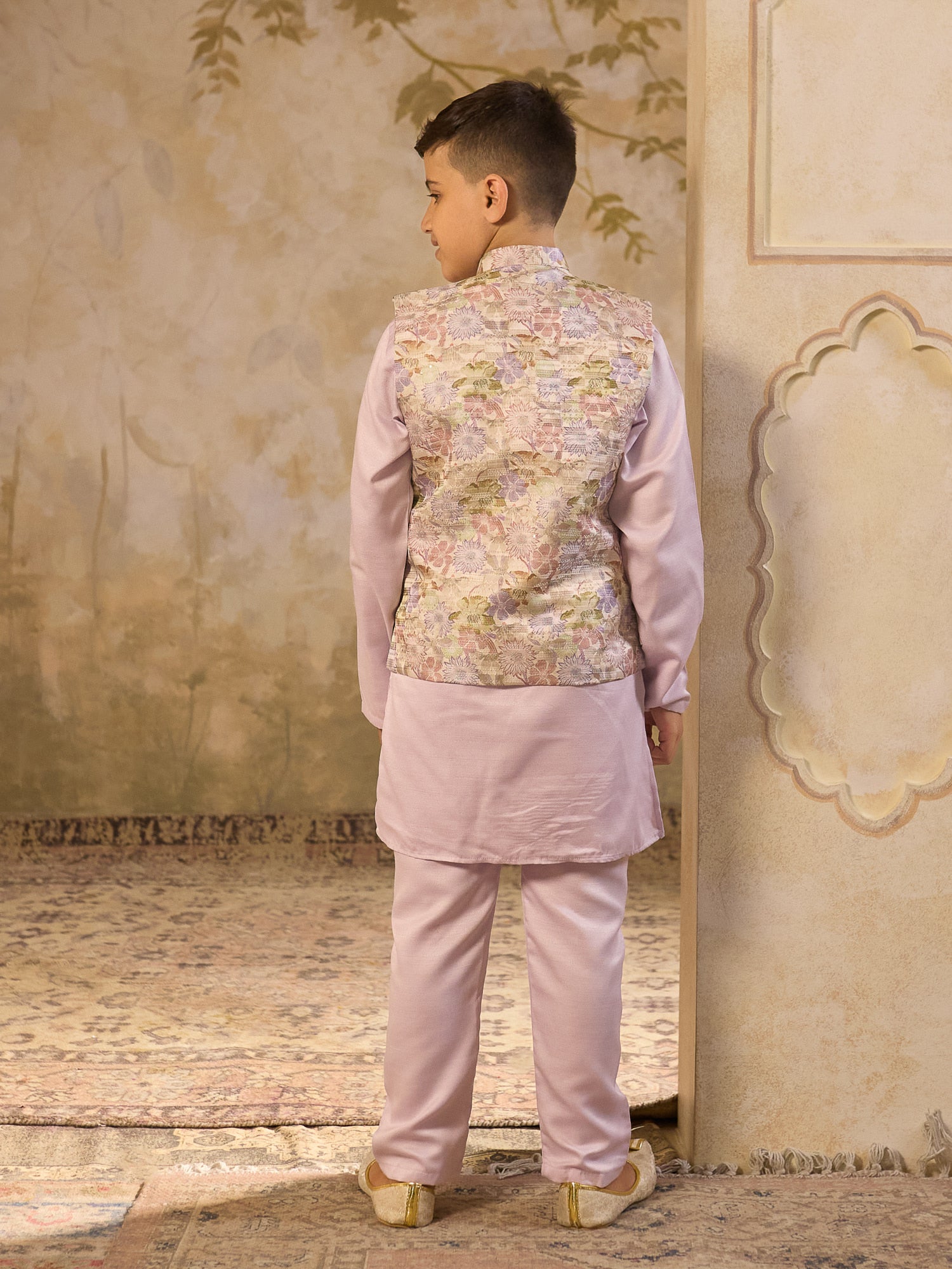 Boys Purple Cotton Blend Kurta Pyjama with Full Sleeves & Floral Print Waistcoat