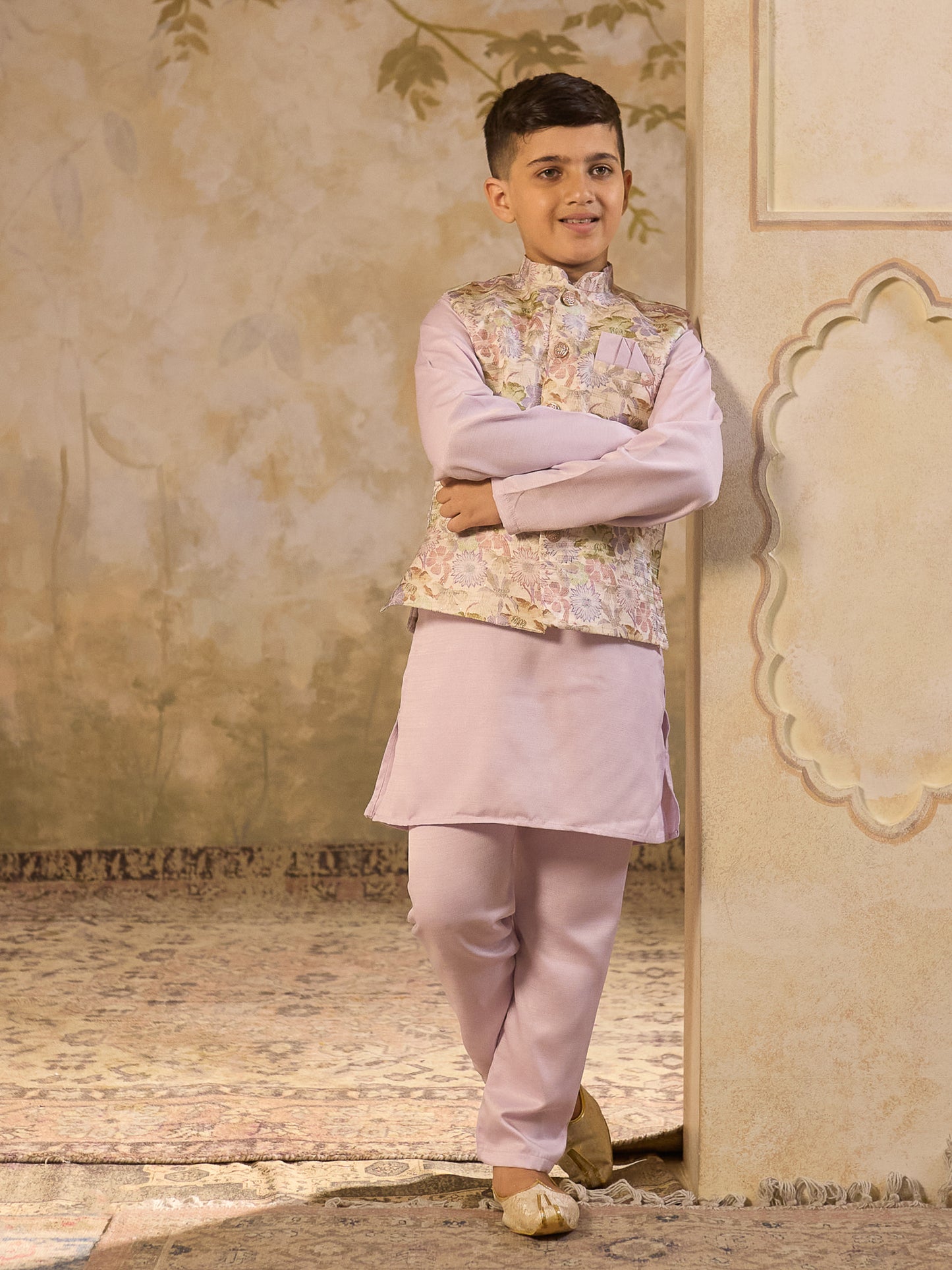 Boys Purple Cotton Blend Kurta Pyjama with Full Sleeves & Floral Print Waistcoat