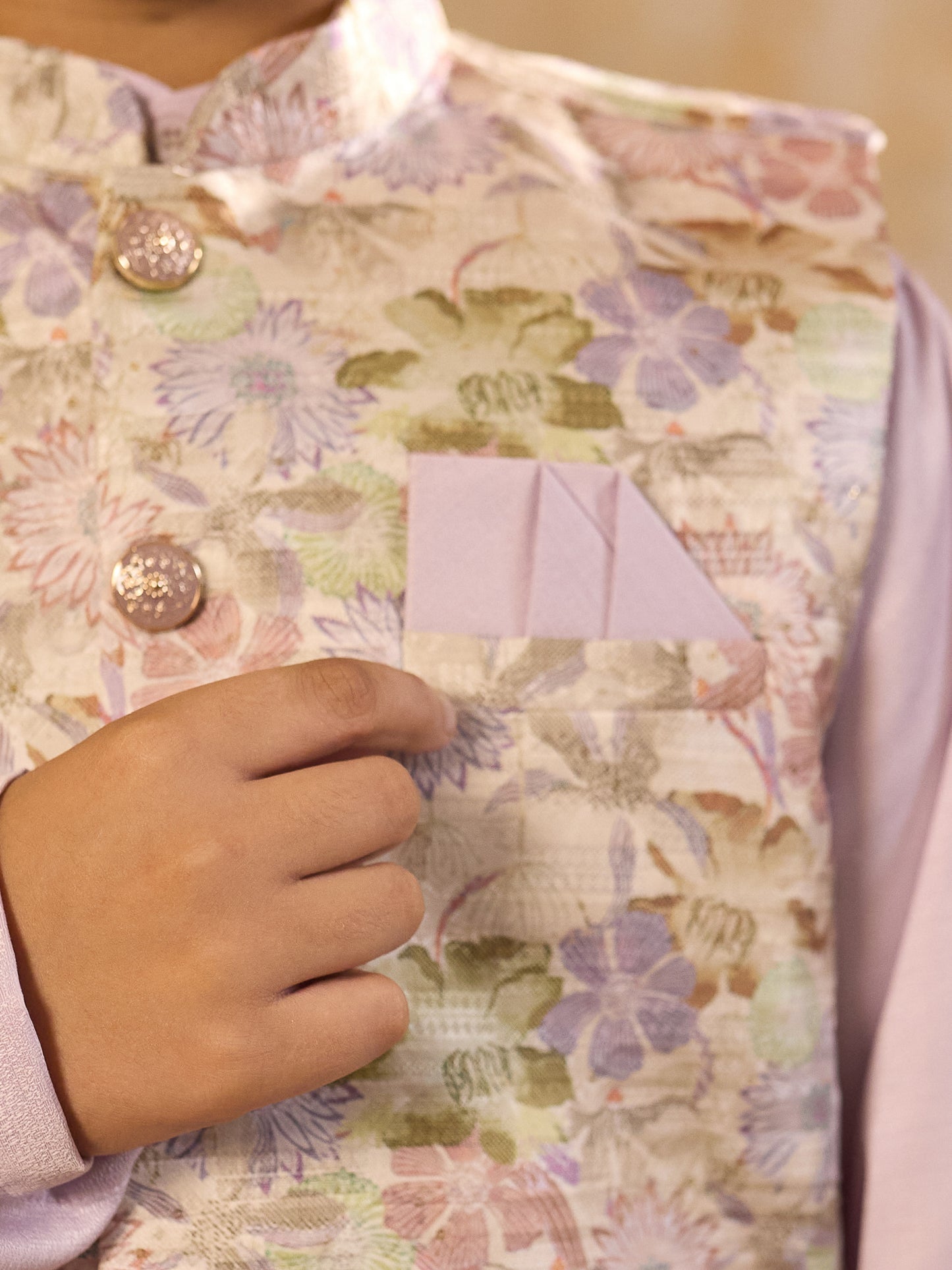 Boys Purple Cotton Blend Kurta Pyjama with Full Sleeves & Floral Print Waistcoat