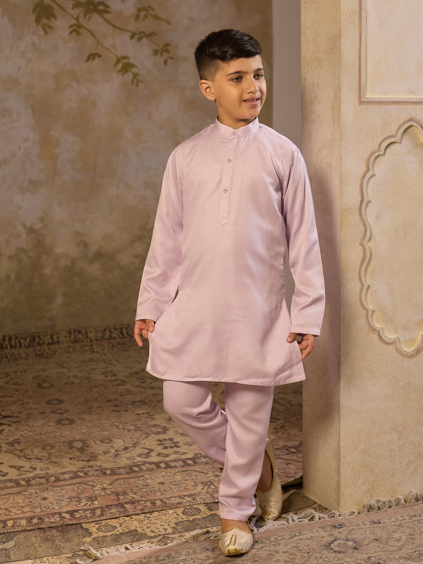 Boys Purple Cotton Blend Kurta Pyjama with Full Sleeves & Floral Print Waistcoat