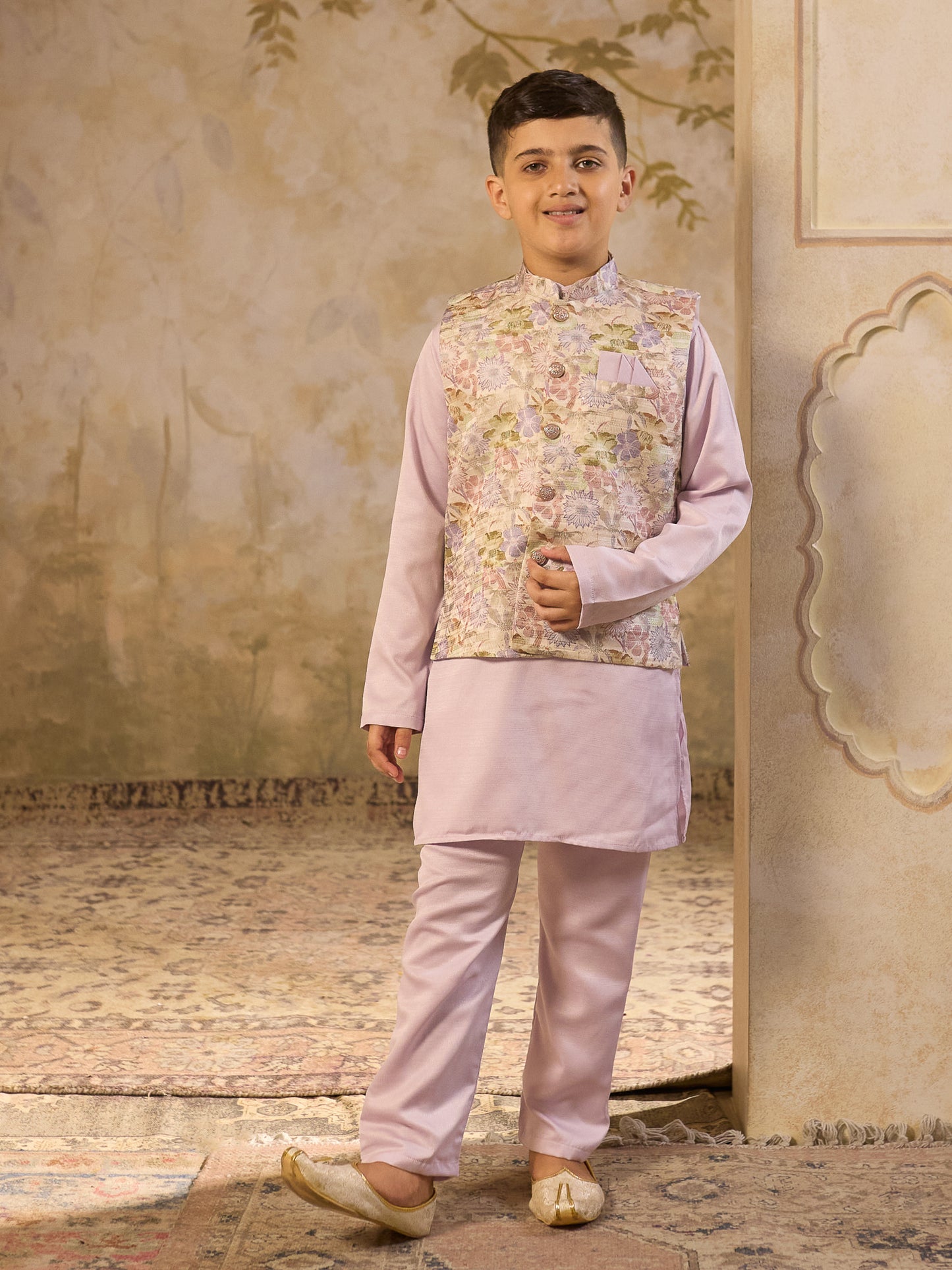 Boys Purple Cotton Blend Kurta Pyjama with Full Sleeves & Floral Print Waistcoat