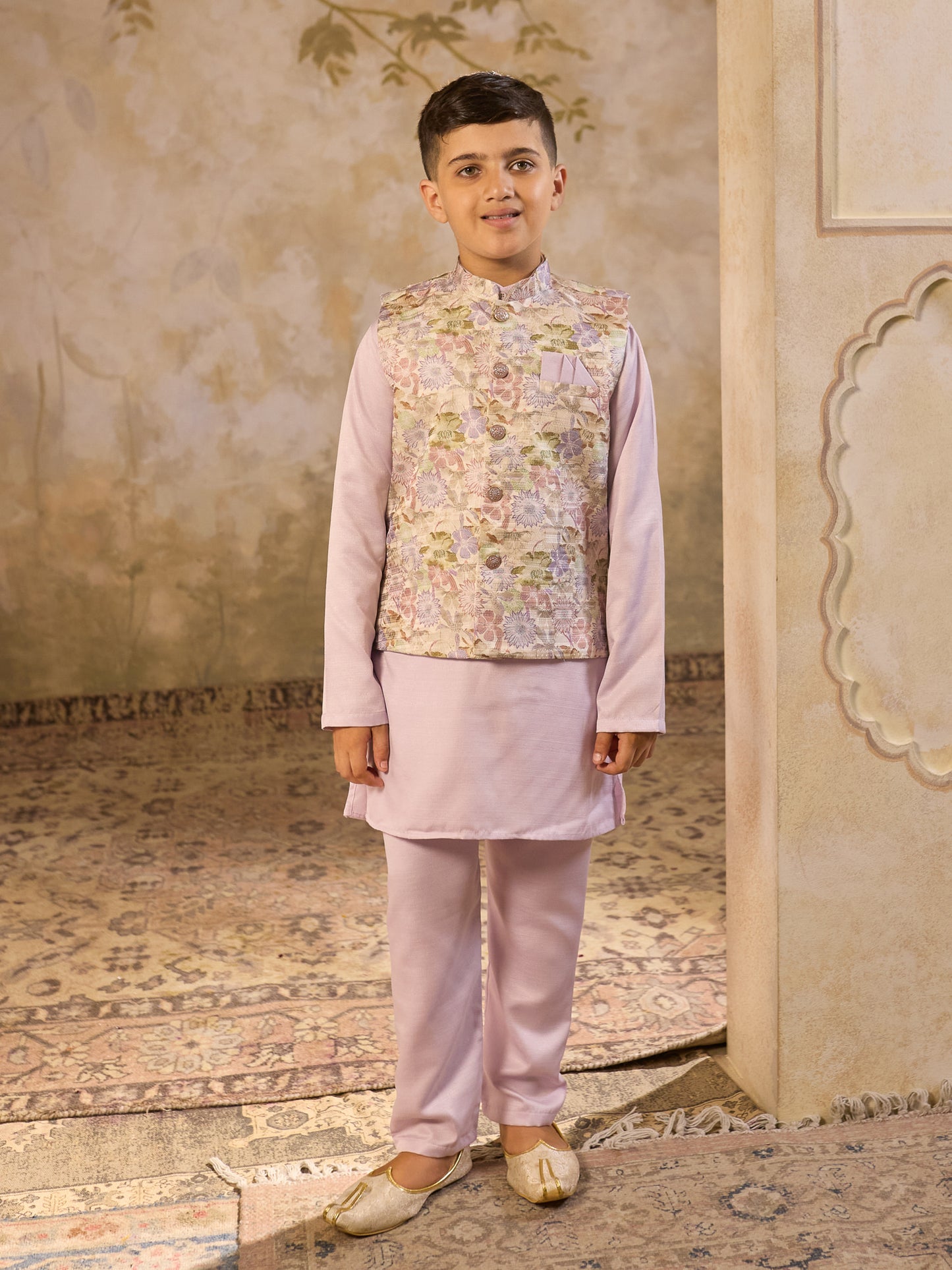 Boys Purple Cotton Blend Kurta Pyjama with Full Sleeves & Floral Print Waistcoat