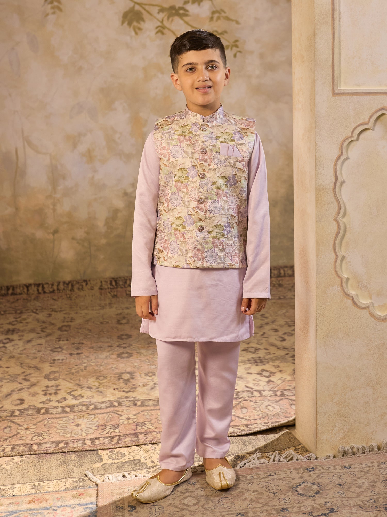 Boys Purple Cotton Blend Kurta Pyjama with Full Sleeves & Floral Print Waistcoat