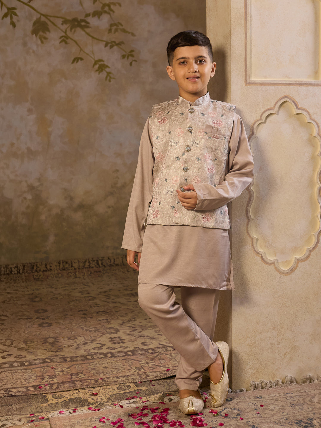 Beige Cotton Blend Full Sleeves Floral Printed Kurta Pyjama with Waistcoat for Boys