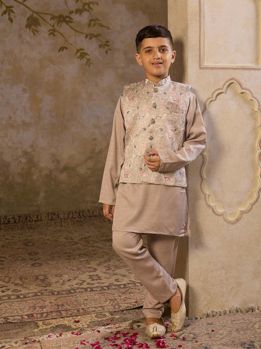 AJ Dezines Beige Cotton Blend Full sleeves Floral Printed Kurta Pyjama Waistcoat for Boys