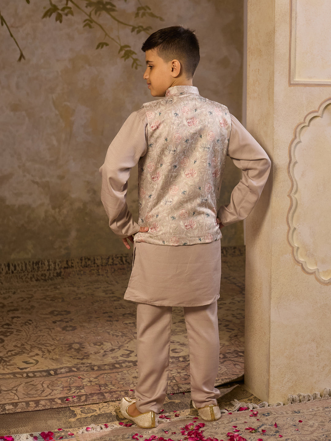AJ Dezines Beige Cotton Blend Full sleeves Floral Printed Kurta Pyjama Waistcoat for Boys