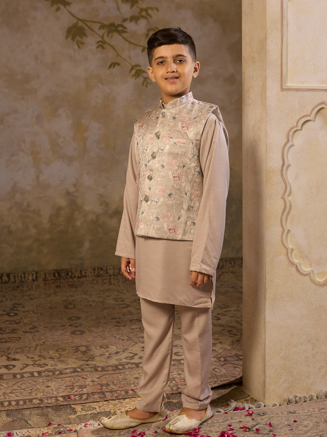 AJ Dezines Beige Cotton Blend Full sleeves Floral Printed Kurta Pyjama Waistcoat for Boys